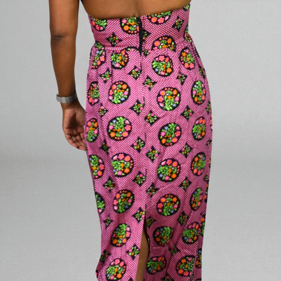 Vintage Halter Maxi Dress Pink Acrylic Floral Print Garden Coverup Hippie Small - Picture 5 of 15